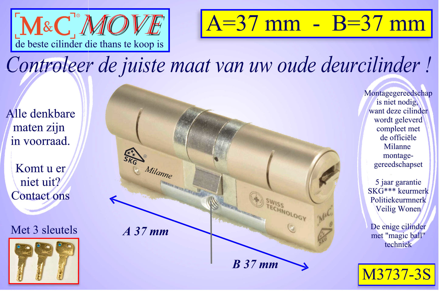 M&C Move cilinderslot 37x37 mm - met 3 sleutels