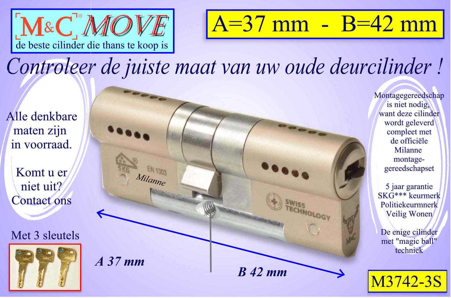 M&C Move cilinderslot 37x42 mm - met 3 sleutels