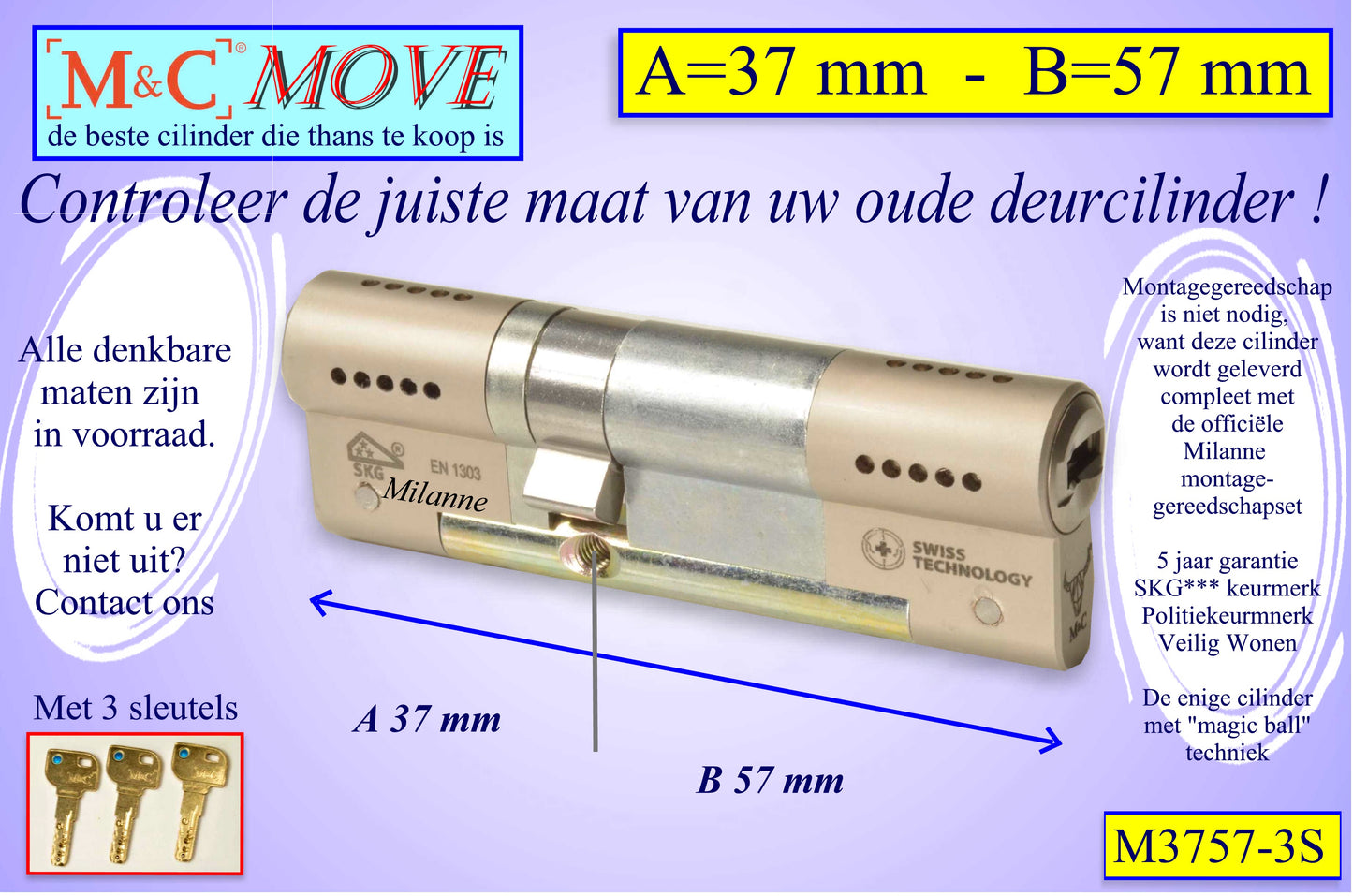 M&C Move cilinderslot 37x57 mm - met 3 sleutels