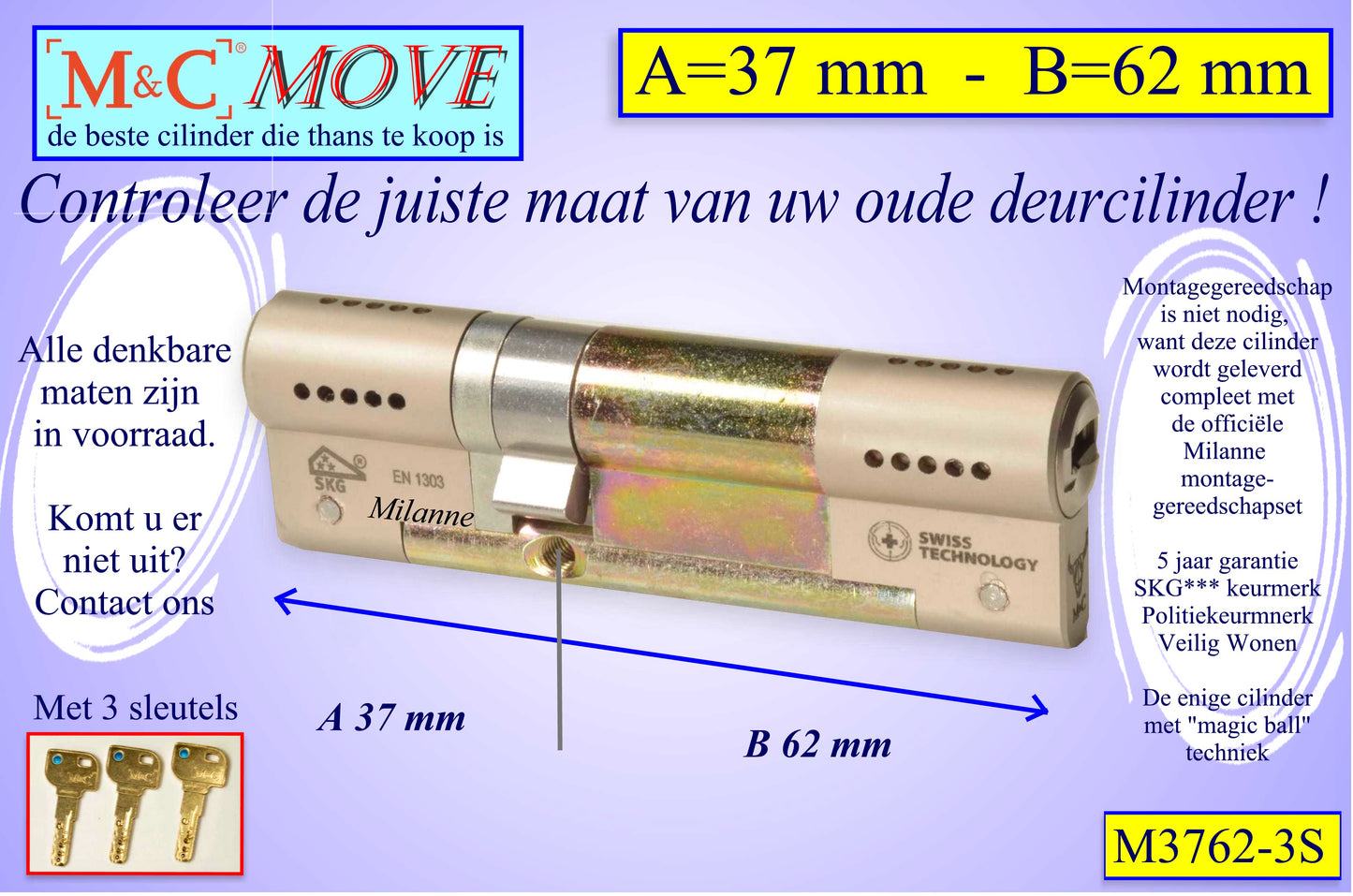 M&C Move cilinderslot 37x62 mm - met 3 sleutels