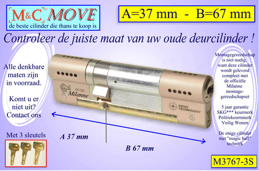 M&C Move cilinderslot 37x67 mm - met 3 sleutels