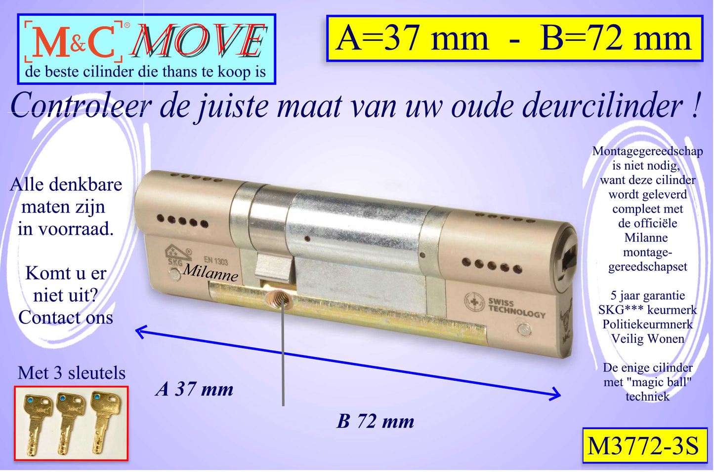 M&C Move cilinderslot 37x72 mm - met 3 sleutels