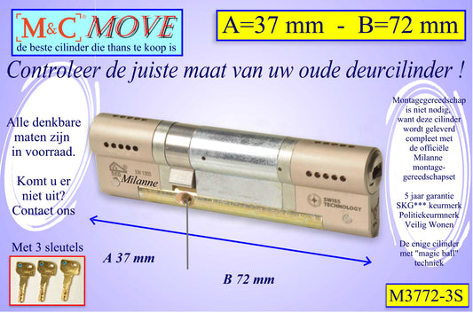 M&C Move cilinderslot 37x72 mm - met 3 sleutels