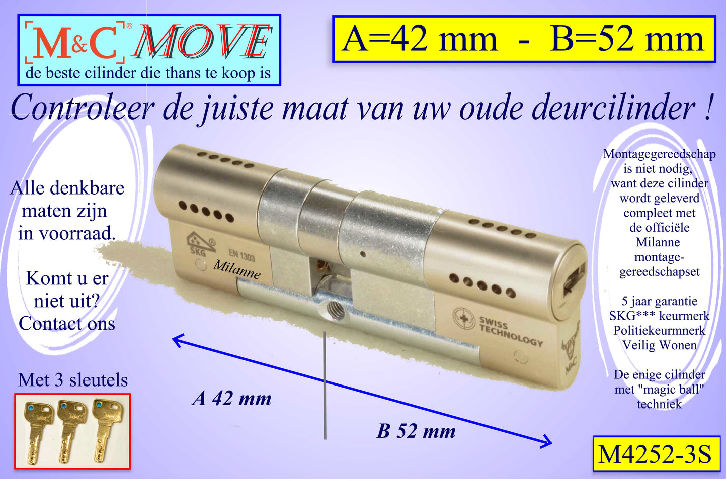 M&C Move cilinderslot 42x52 mm - met 3 sleutels