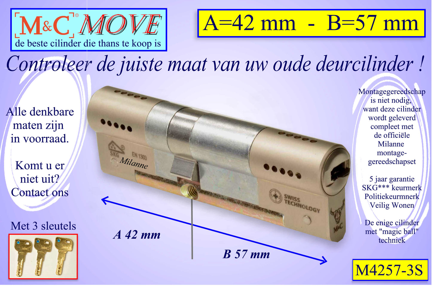 M&C Move cilinderslot 42x57 mm - met 3 sleutels