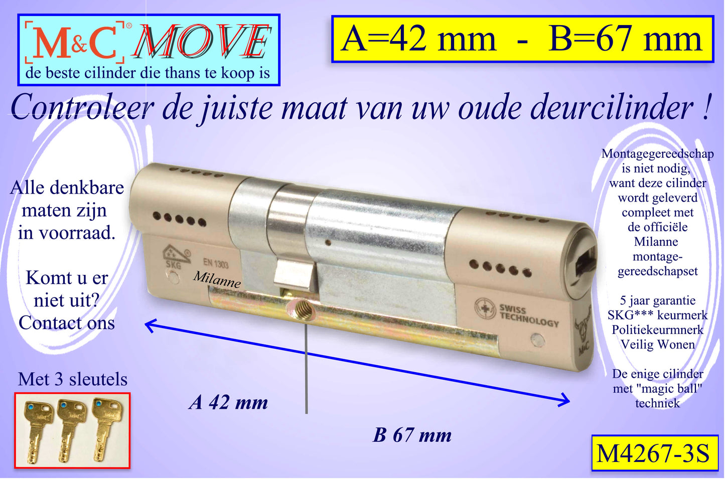 M&C Move cilinderslot 42x67 mm - met 3 sleutels