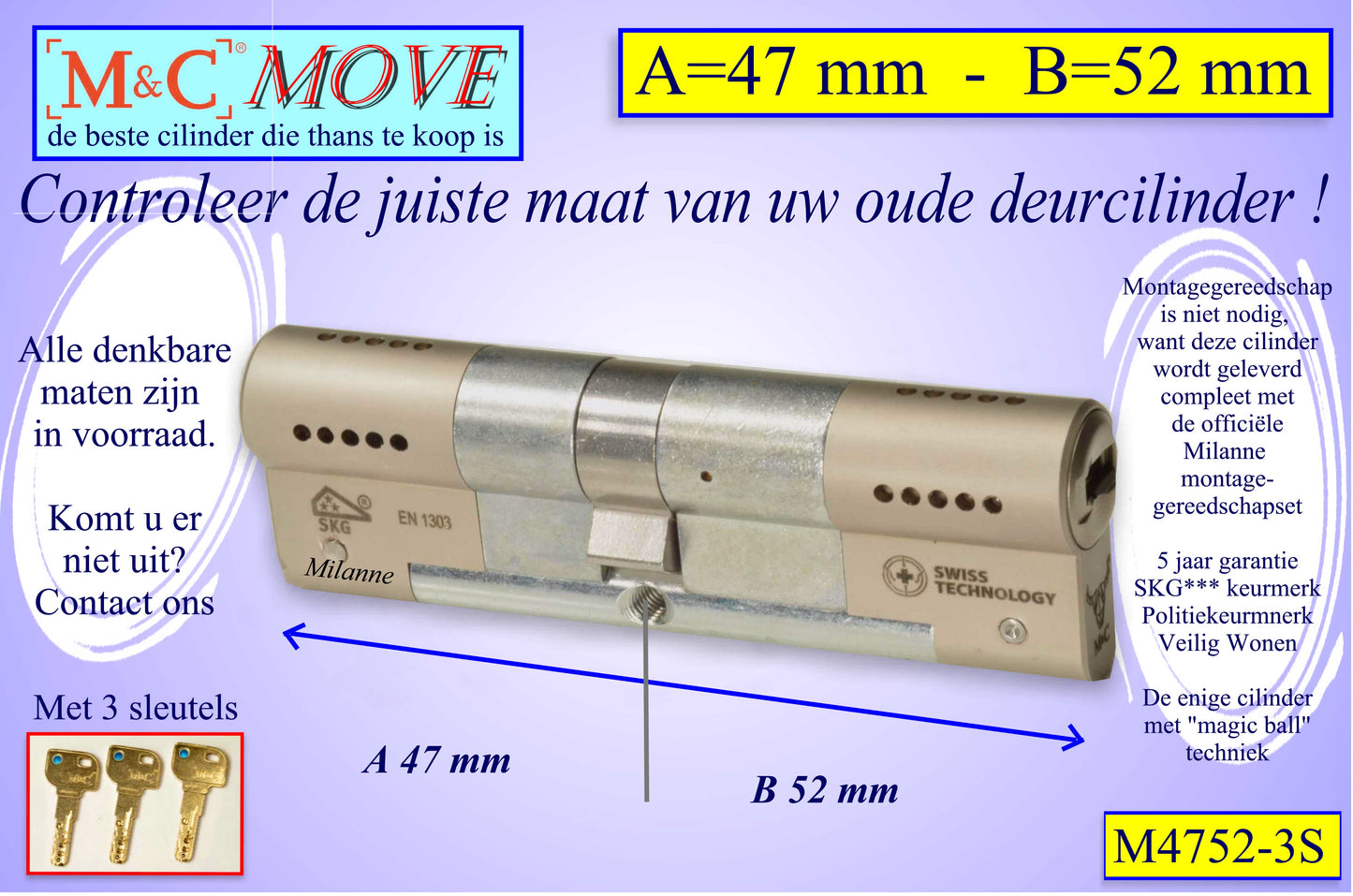 M&C Move cilinderslot 47x52 mm - met 3 sleutels