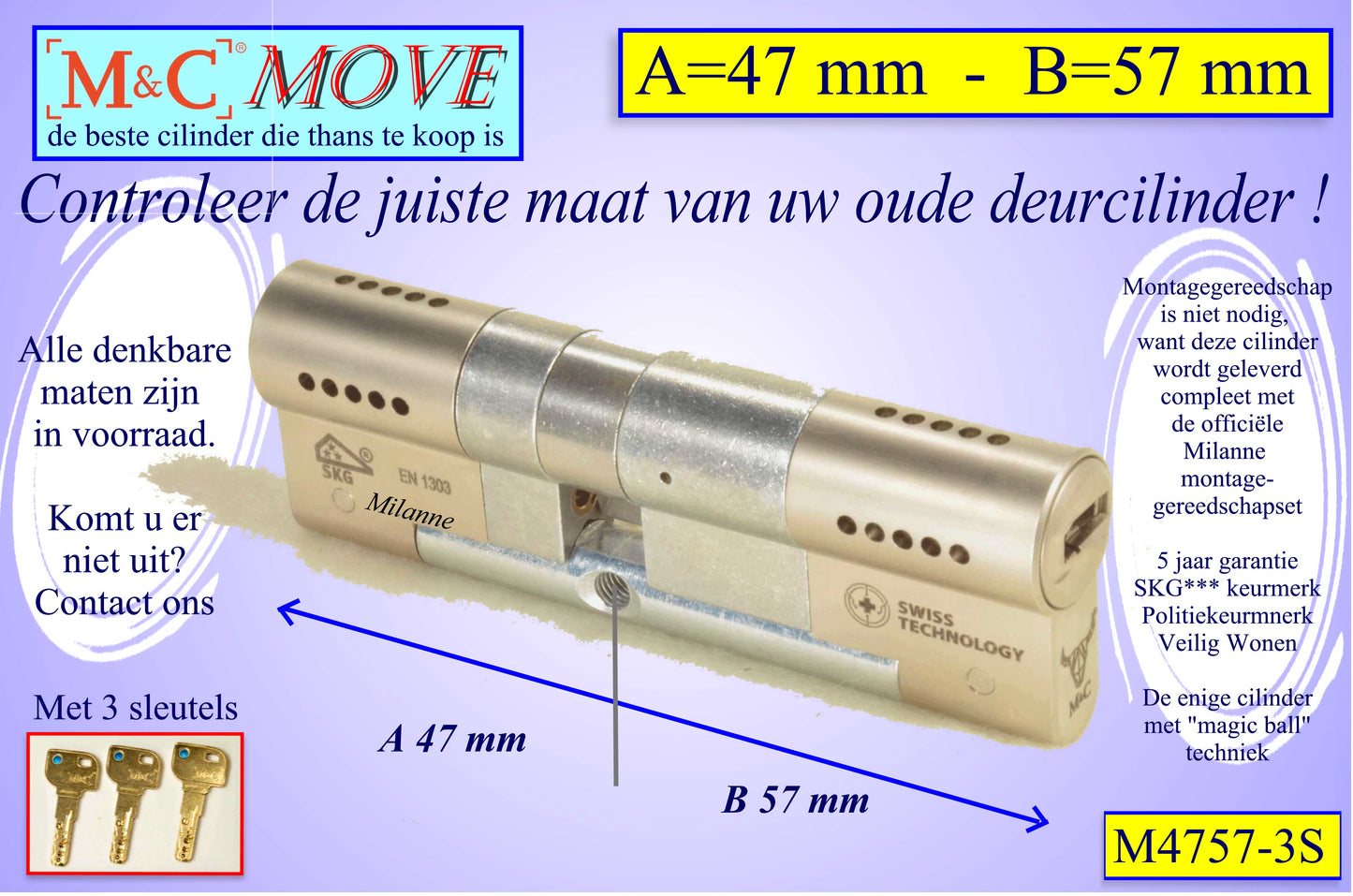 M&C Move cilinderslot 47x57 mm - met 3 sleutels