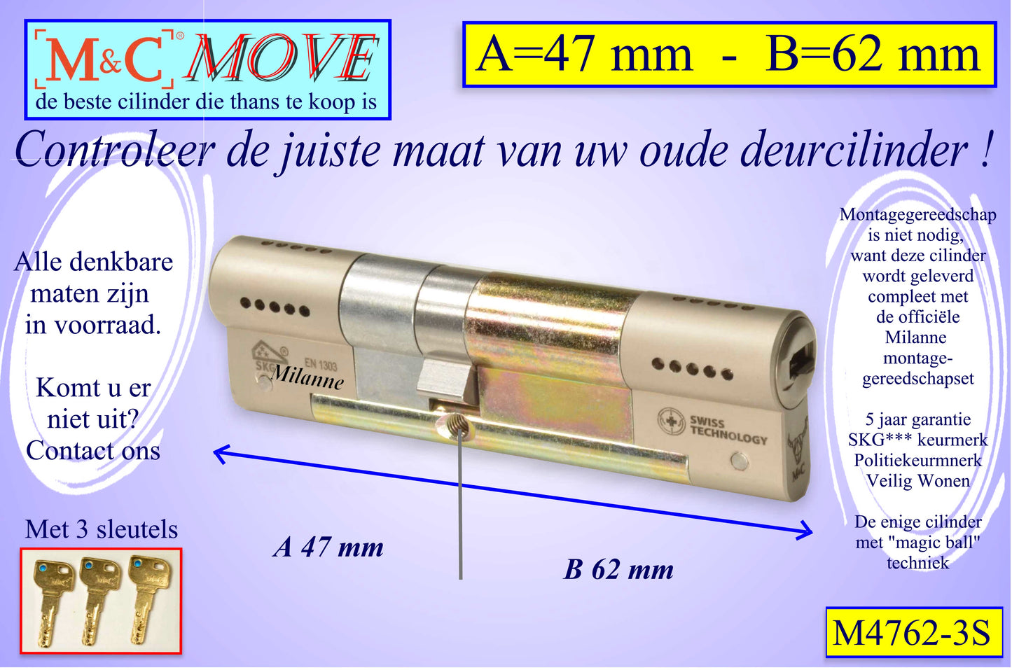 M&C Move cilinderslot 47x62 mm - met 3 sleutels