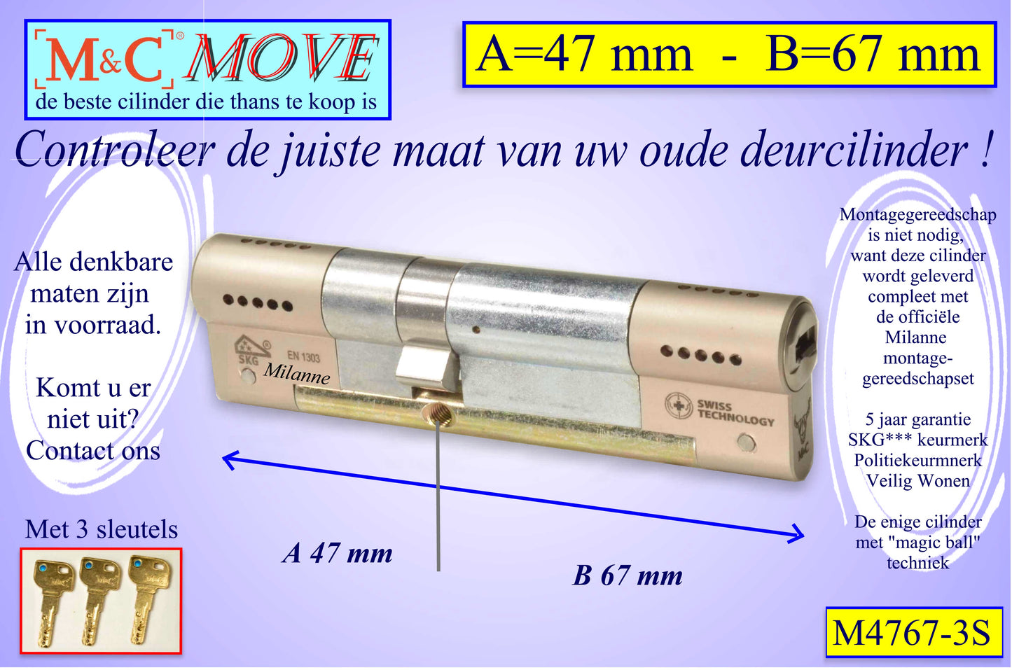 M&C Move cilinderslot 47x67 mm - met 3 sleutels