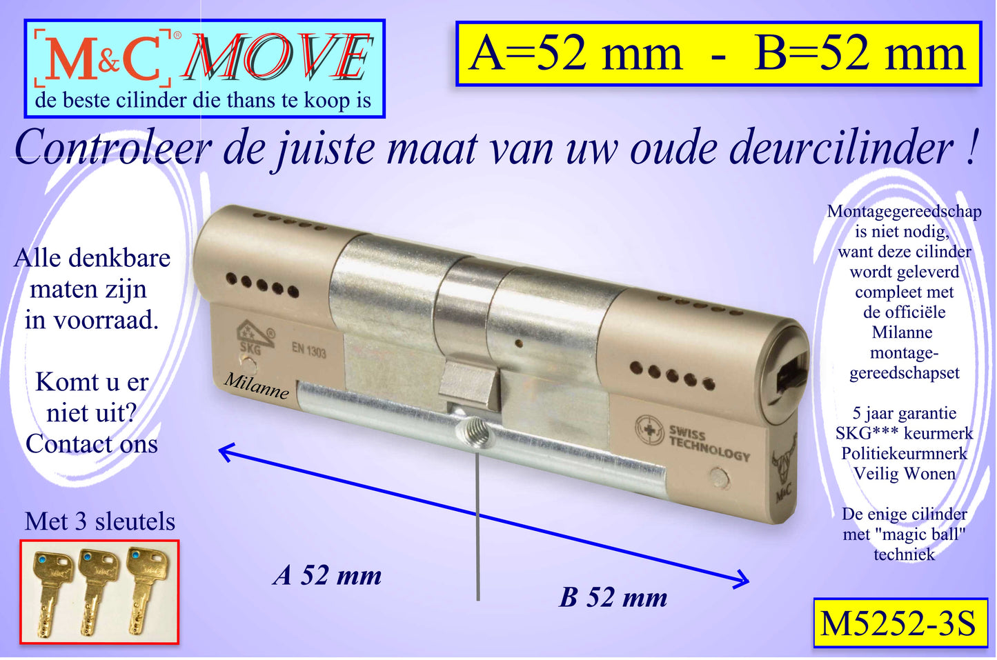 M&C Move cilinderslot 52x52 mm - met 3 sleutels