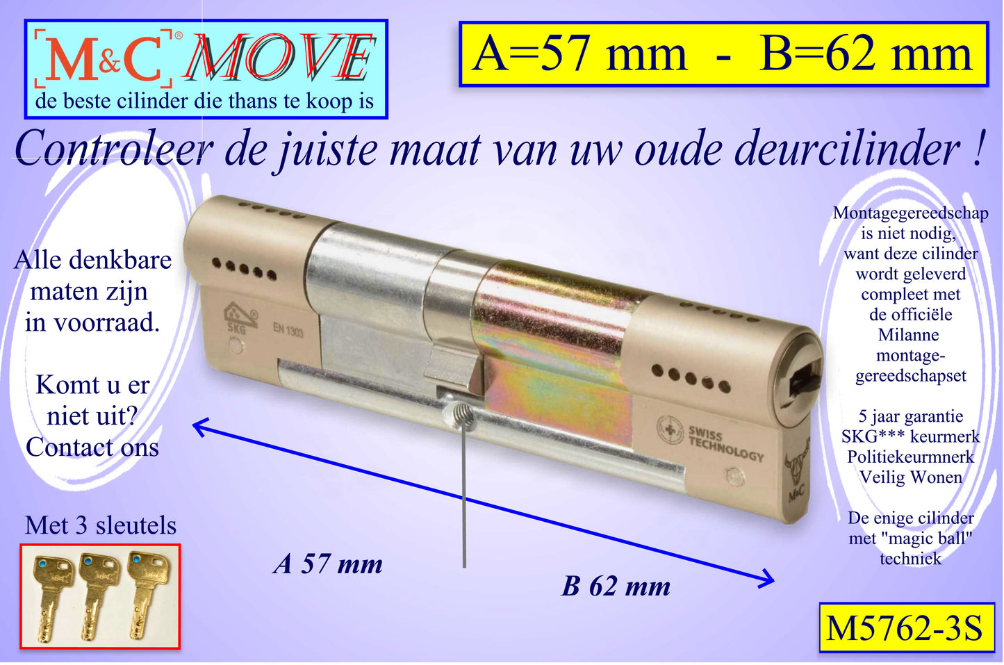 M&C Move cilinderslot 57x62 mm - met 3 sleutels