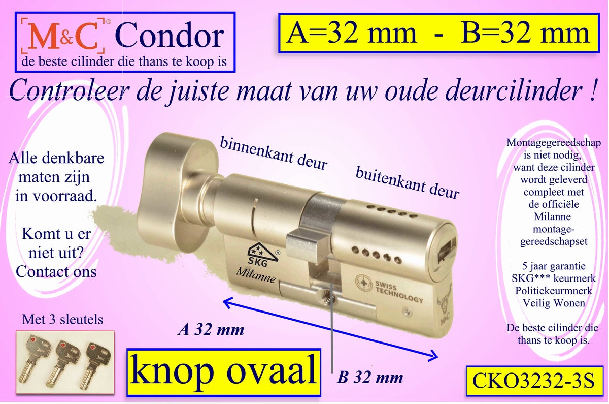 M&C Condor cilinderslot Knop OVAAL 32x32 mm met 3 sleutels