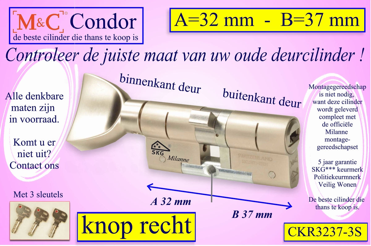 M&C Condor cilinderslot Knop RECHT 32x37 mm met 3 sleutels