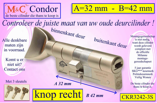 M&C Condor cilinderslot Knop RECHT 32x42 mm met 3 sleutels