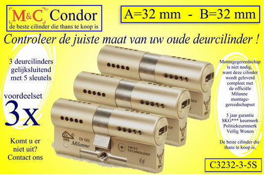 M&C Condor set 3 CILINDERS GELIJKSLUITEND 32x32 mm met 5 sleutels