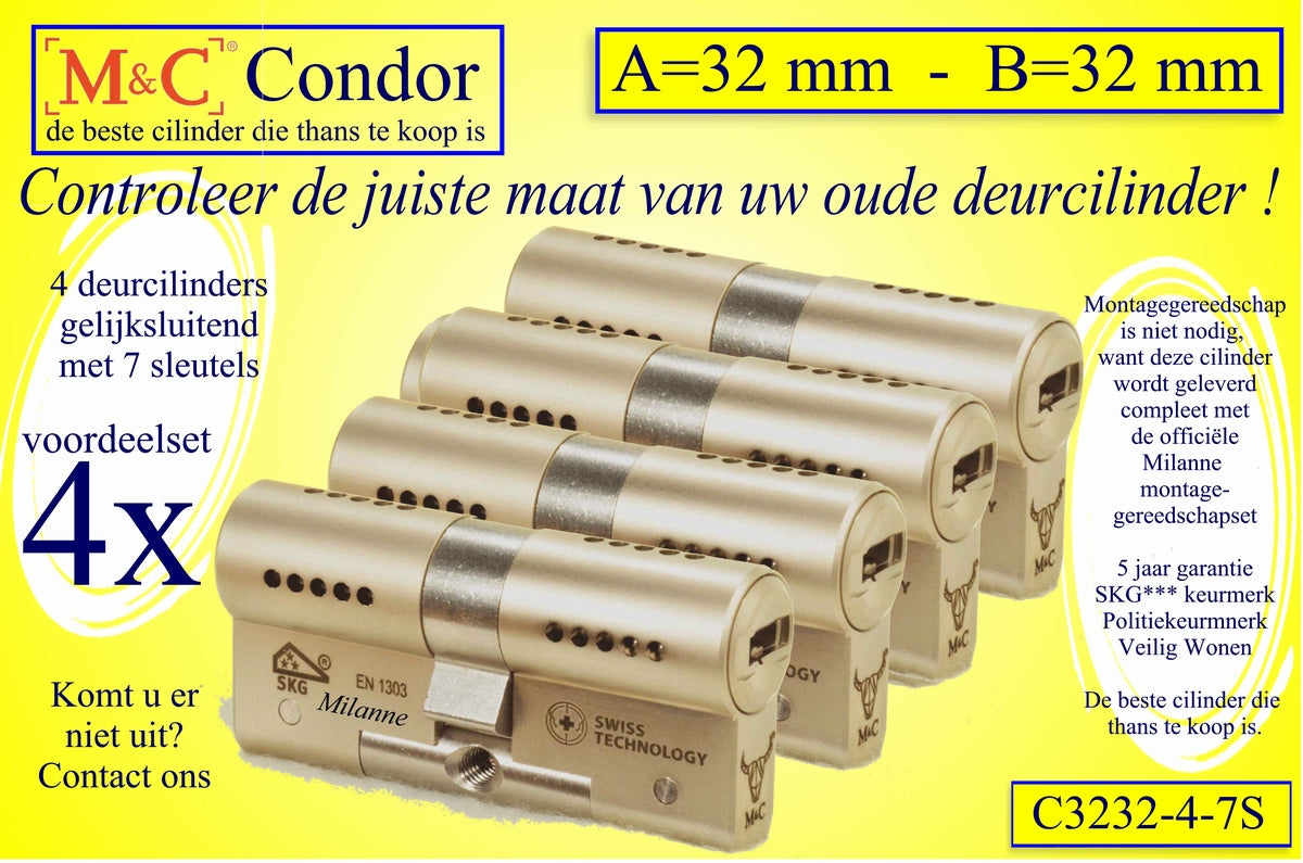 M&C Condor set 4 CILINDERS GELIJKSLUITEND 32x32 mm met 7 sleutels