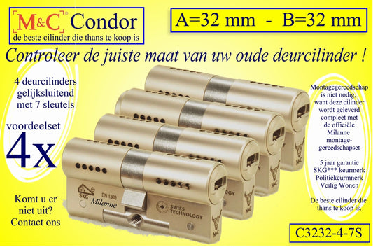 M&C Condor set 4 CILINDERS GELIJKSLUITEND 32x32 mm met 7 sleutels