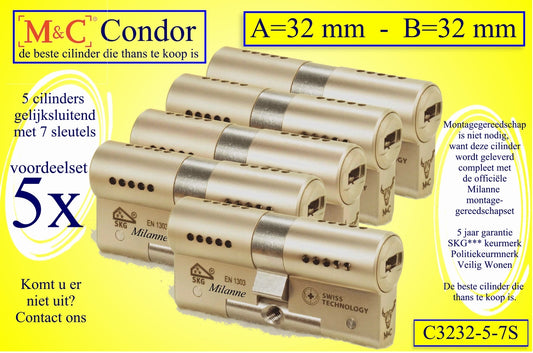 M&C Condor set 5 CILINDERS GELIJKSLUITEND 32x32 mm met 7 sleutels