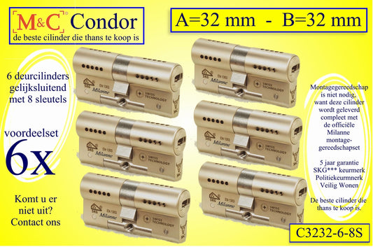 M&C Condor set 6 CILINDERS GELIJKSLUITEND 32x32 mm met 8 sleutels