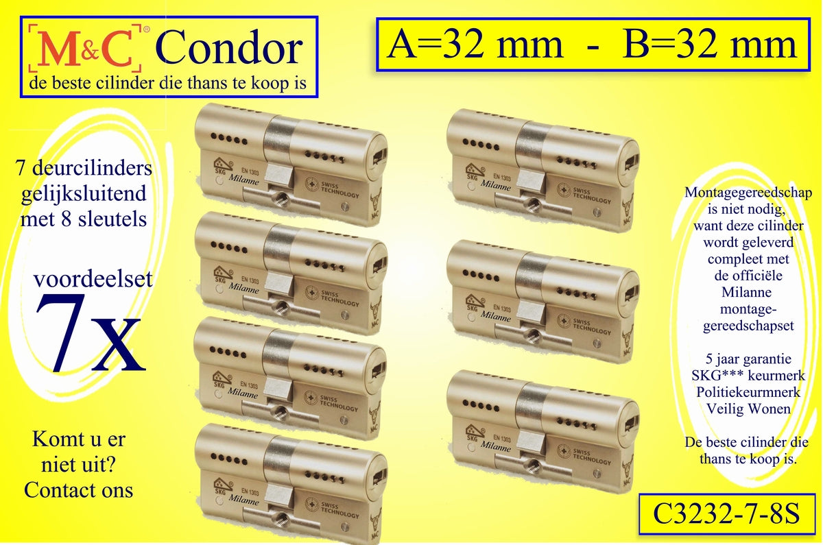 M&C Condor set 7 CILINDERS GELIJKSLUITEND 32x32 mm met 8 sleutels