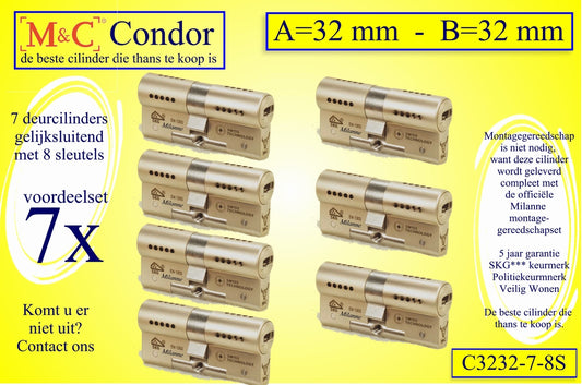 M&C Condor set 7 CILINDERS GELIJKSLUITEND 32x32 mm met 8 sleutels