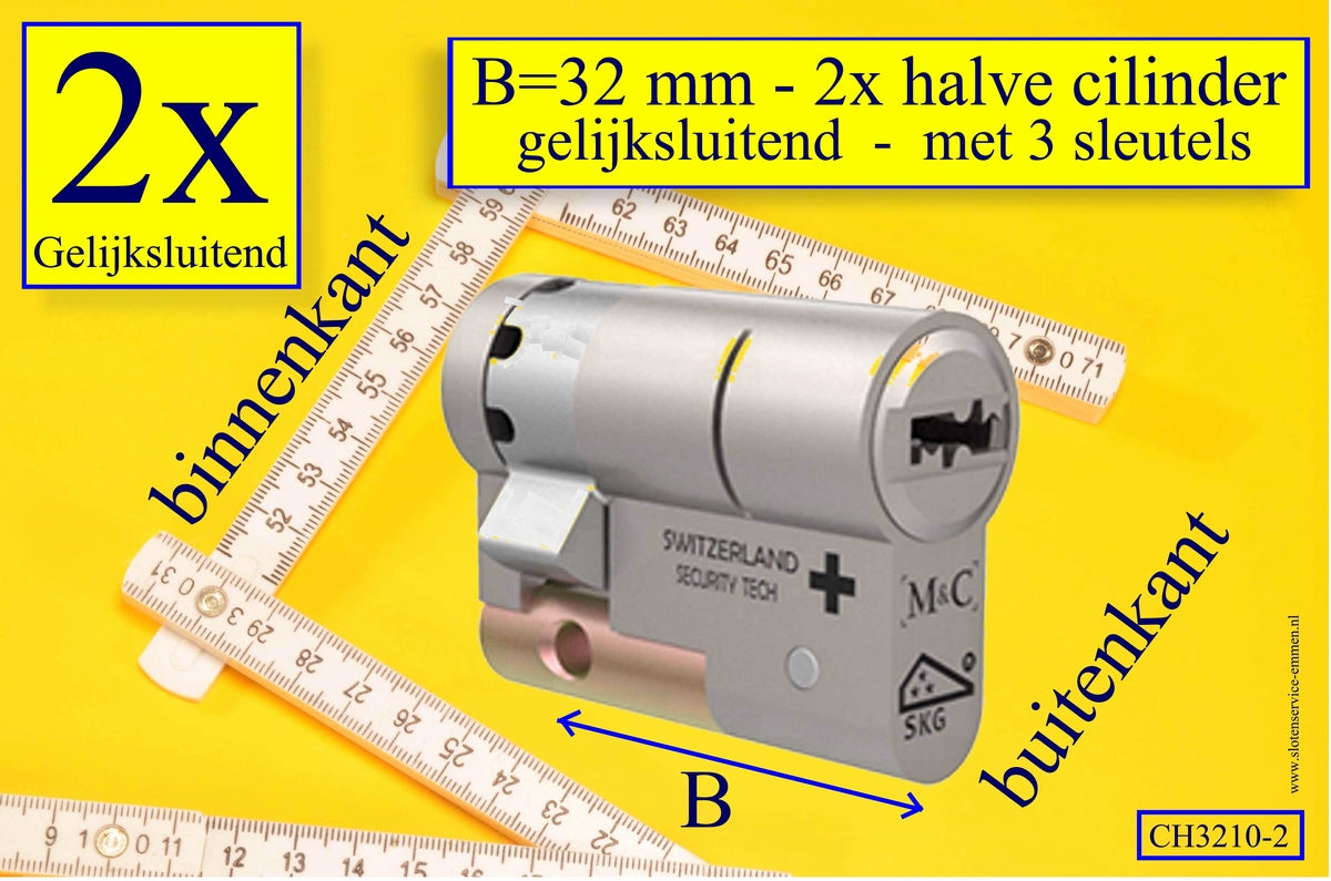 M&C Condor 2x HALVE cilinders GELIJKSLUITEND 32 mm met 3 sleutels