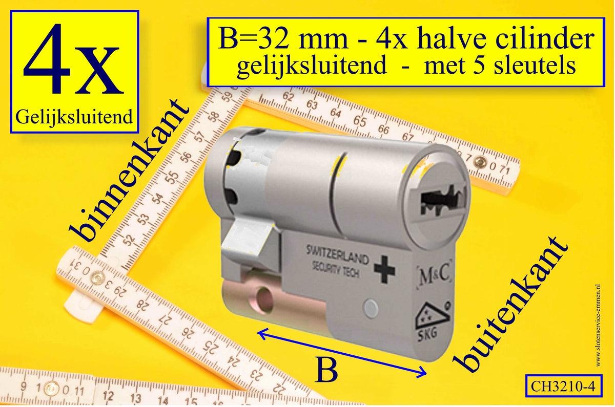 M&C Condor4x HALVE cilinders GELIJKSLUITEND 32 mm met 5 sleutels