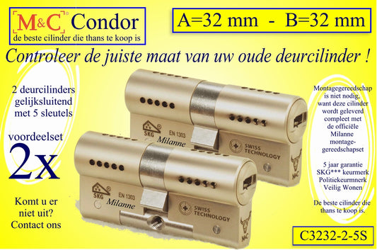 M&C Condor set 2 CILINDERS GELIJKSLUITEND 32x32 mm met 5 sleutels